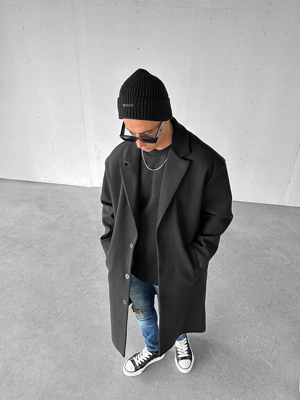 Erkek Oversize İtalyan Kaşe Kaban Palto Siyah-1