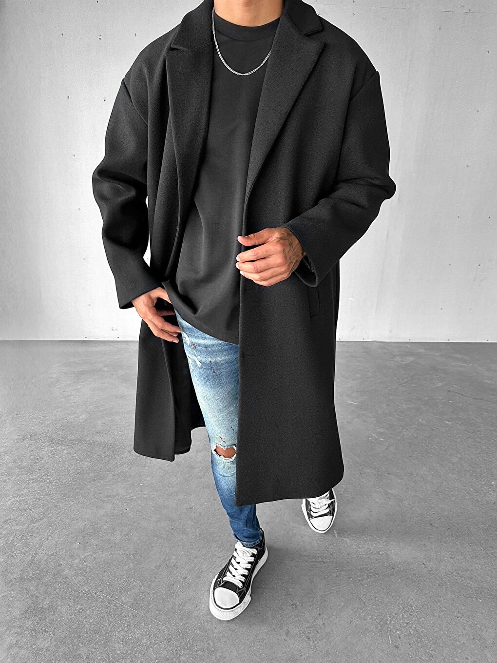 Erkek Oversize İtalyan Kaşe Kaban Palto Siyah-3