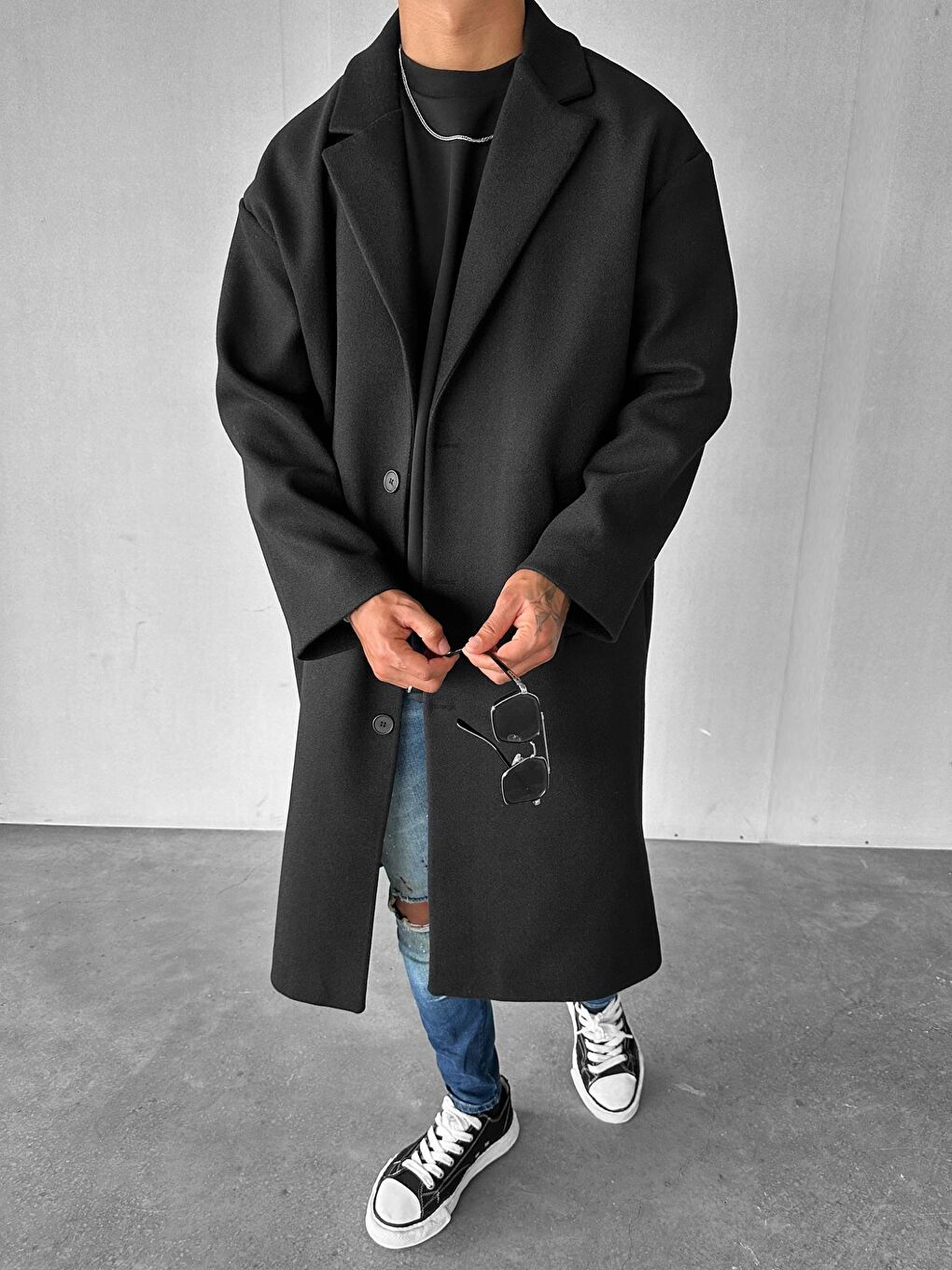 Erkek Oversize İtalyan Kaşe Kaban Palto Siyah-4