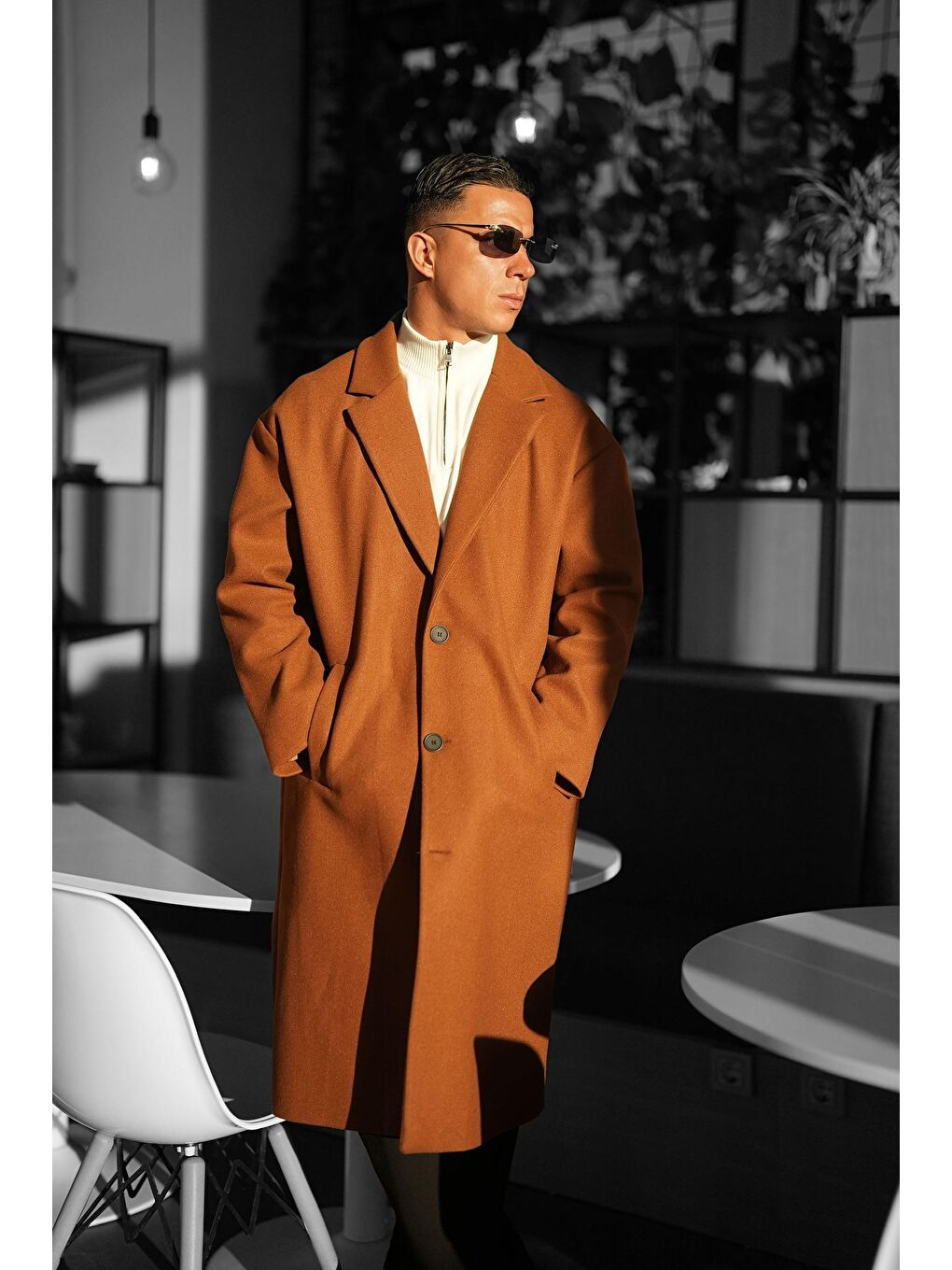 Erkek Oversize Uzun İtalyan Kaşe Kaban Kahverengi-1