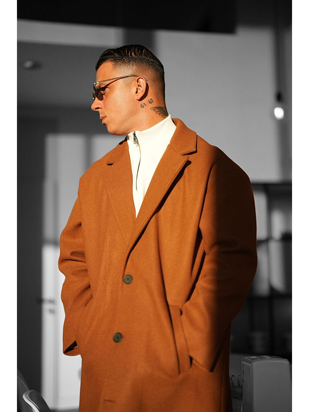 Erkek Oversize Uzun İtalyan Kaşe Kaban Kahverengi-2