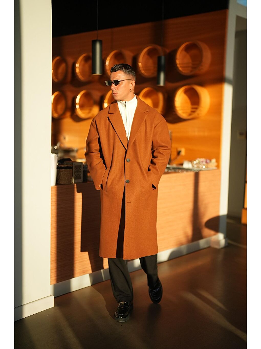 Erkek Oversize Uzun İtalyan Kaşe Kaban Kahverengi-3