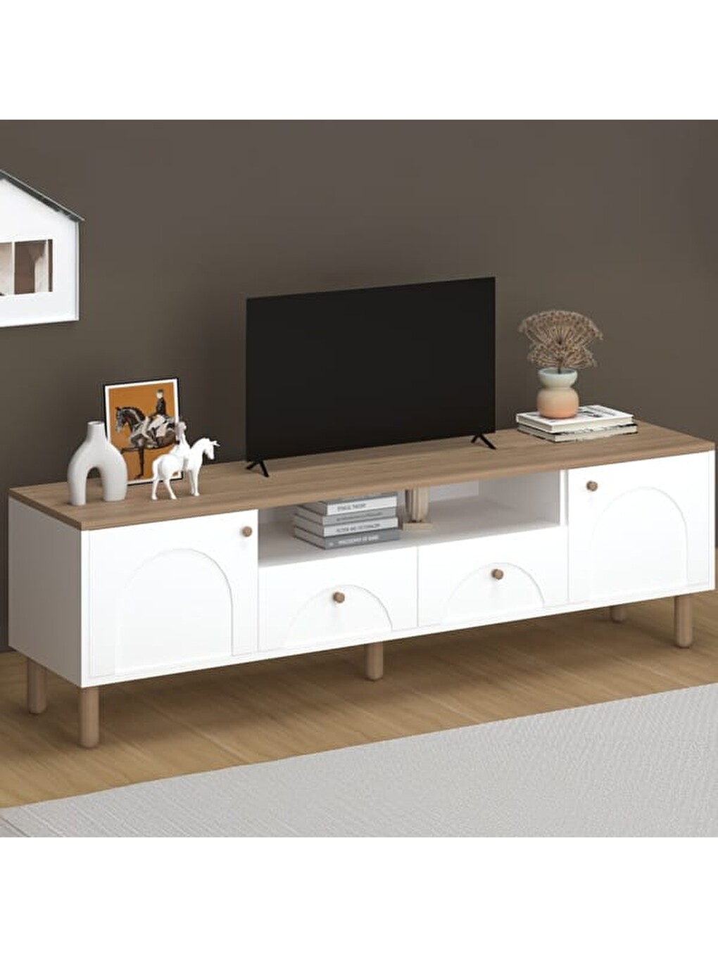 2 Kapak 2 Çekmeceli Bohem Tv Ünitesi - Beyaz / Sepet - 55x44x180 cm-2