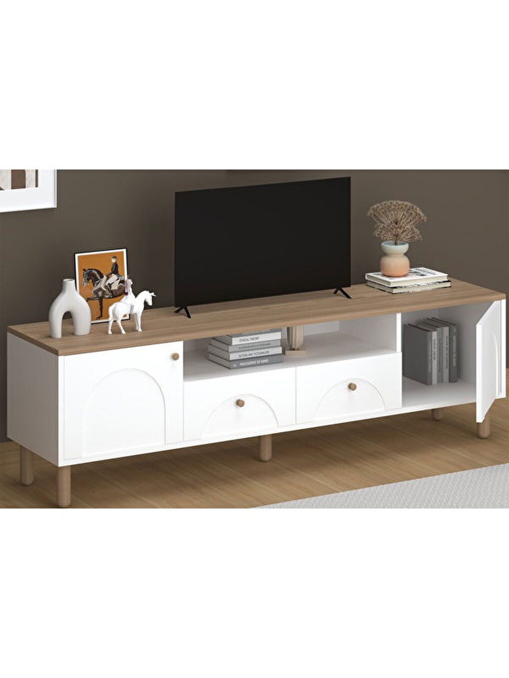 2 Kapak 2 Çekmeceli Bohem Tv Ünitesi - Beyaz / Sepet - 55x44x180 cm-3