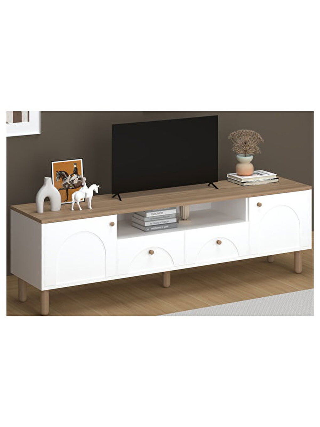 2 Kapak 2 Çekmeceli Bohem Tv Ünitesi - Beyaz / Sepet - 55x44x180 cm-5