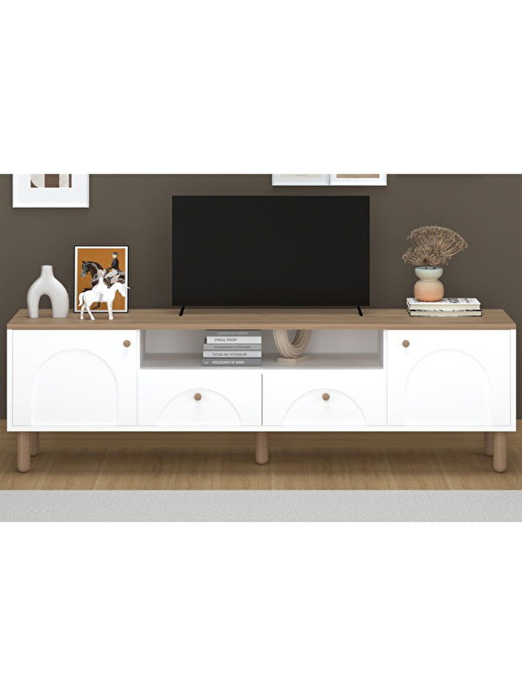 2 Kapak 2 Çekmeceli Bohem Tv Ünitesi - Beyaz / Sepet - 55x44x180 cm-6