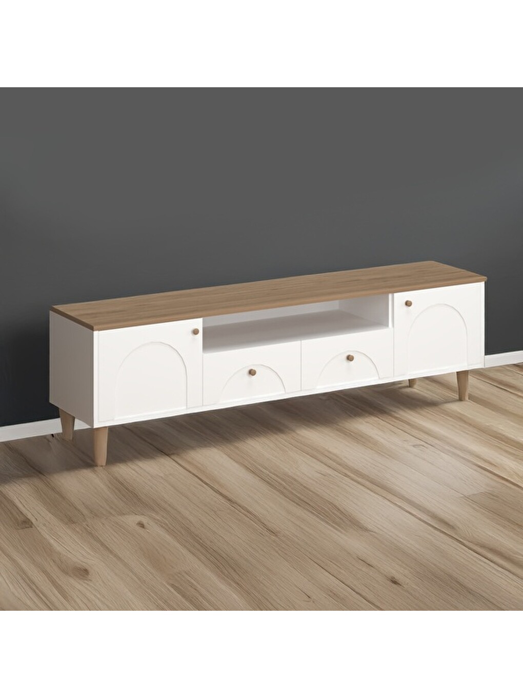 2 Kapak 2 Çekmeceli Bohem Tv Ünitesi - Beyaz / Sepet - 55x44x180 cm-8