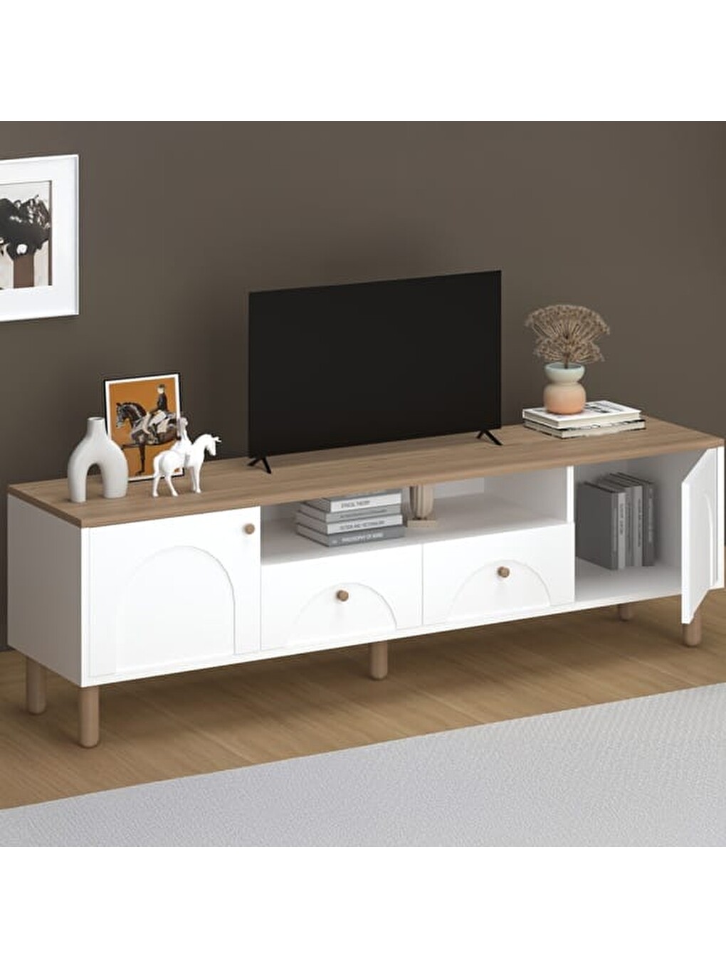 2 Kapak 2 Çekmeceli Bohem Tv Ünitesi - Beyaz / Sepet - 55x44x180 cm-9