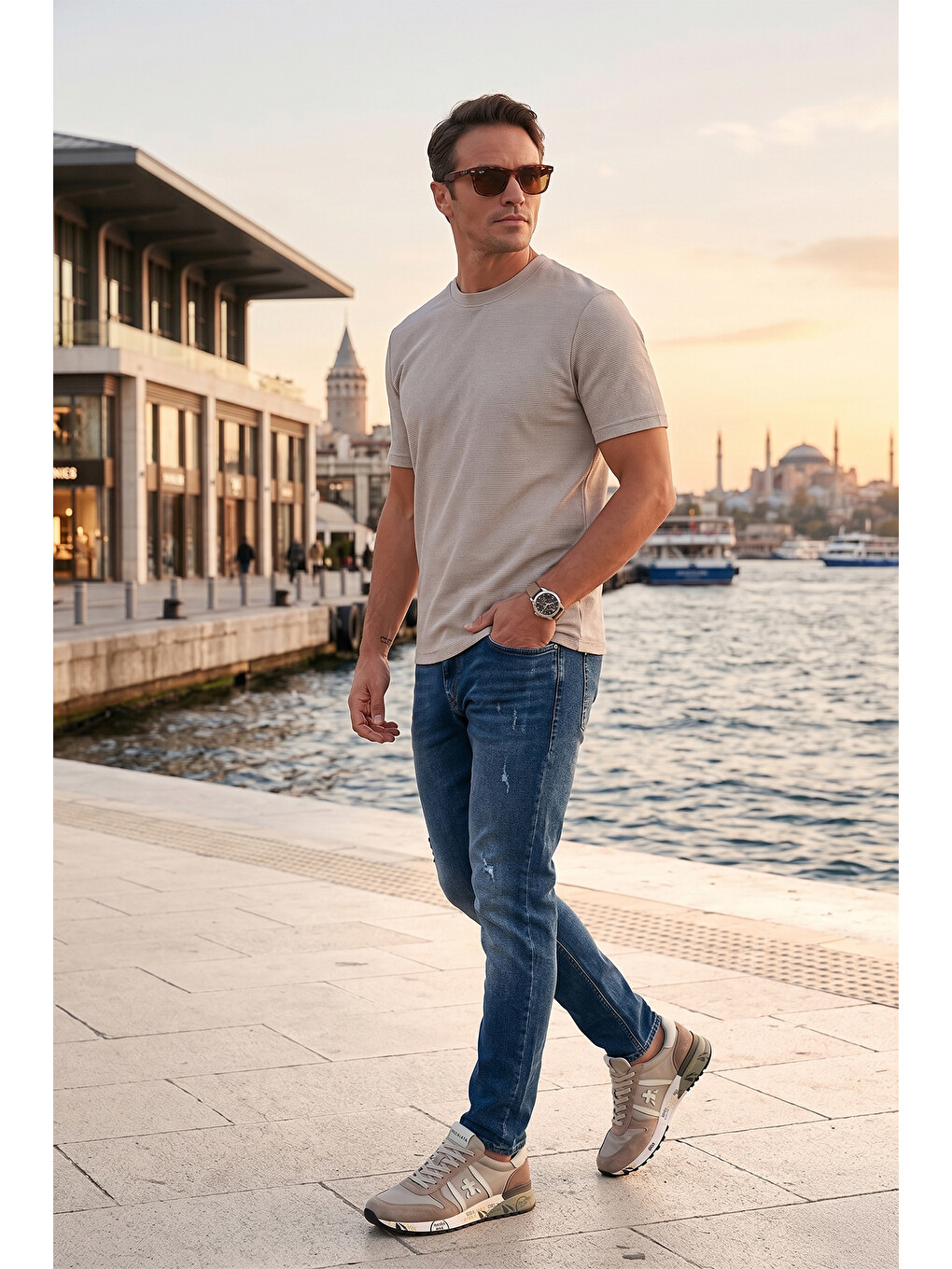 Bej Streç Pamuklu Slim Fit Sıfır Yaka Tişört 5902639-2