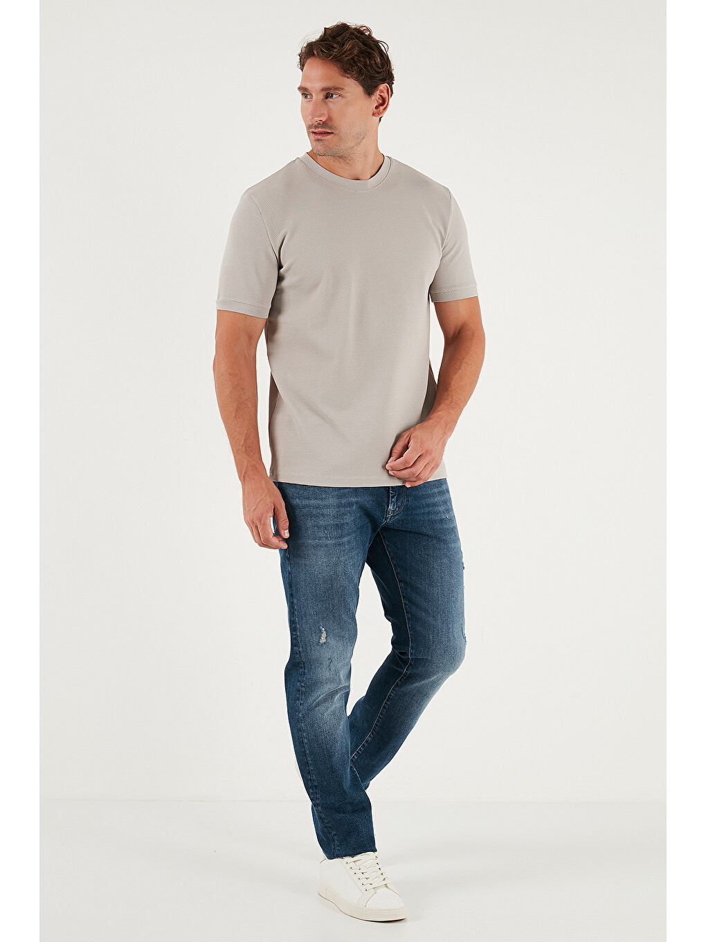 Bej Streç Pamuklu Slim Fit Sıfır Yaka Tişört 5902639-3