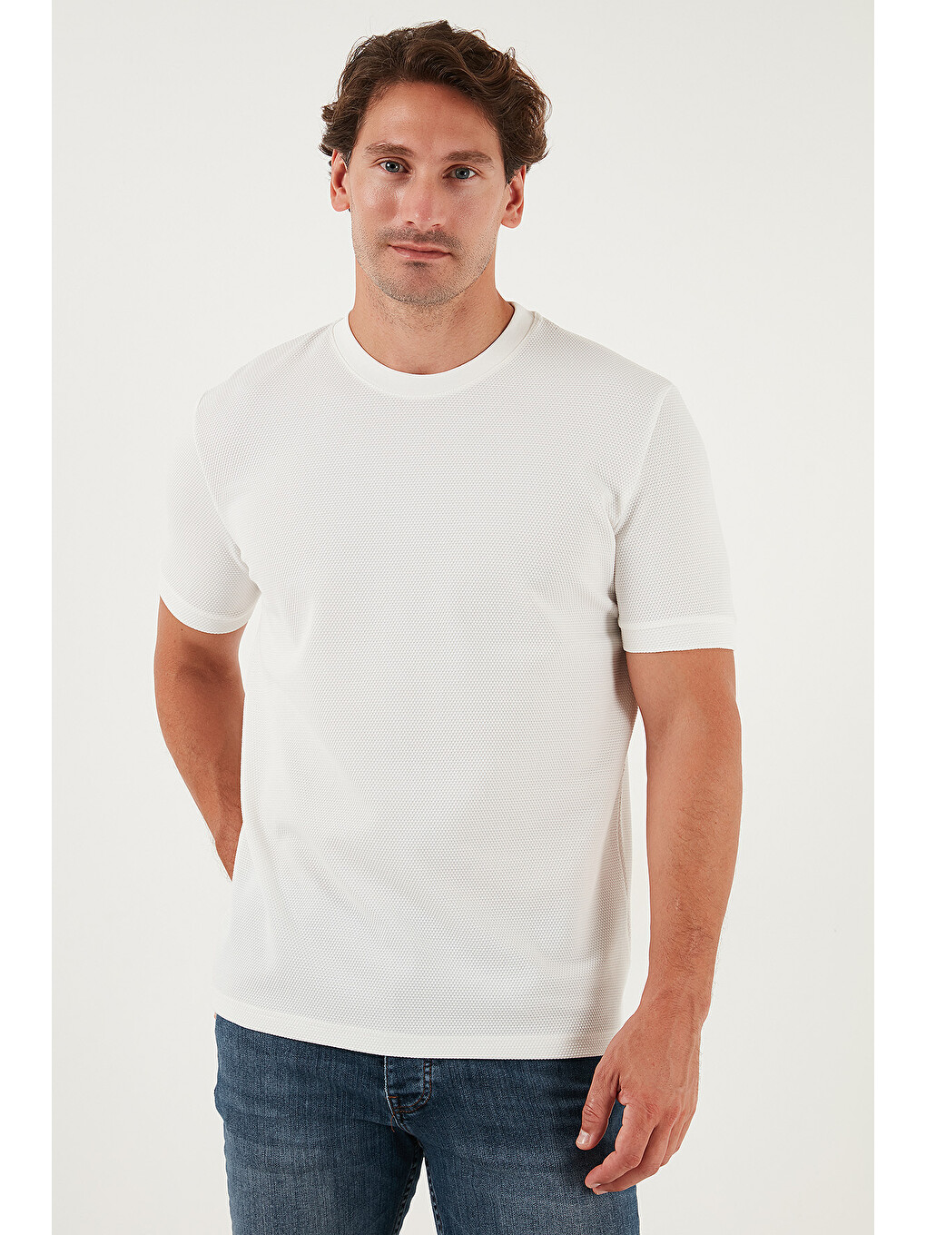 Ekru Streç Pamuklu Slim Fit Sıfır Yaka Tişört 5902639-4