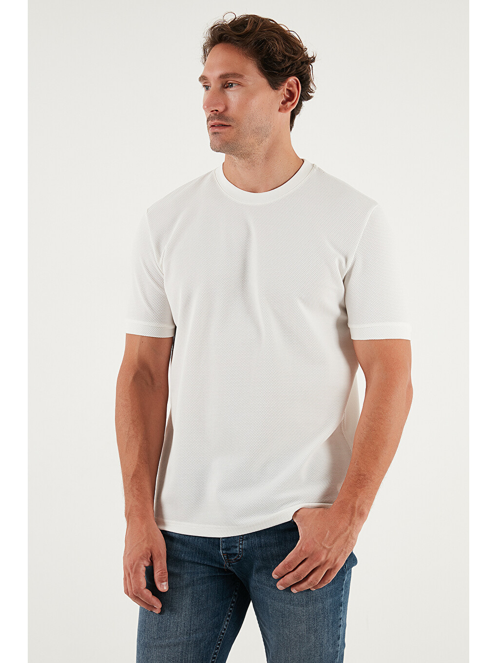 Ekru Streç Pamuklu Slim Fit Sıfır Yaka Tişört 5902639-5