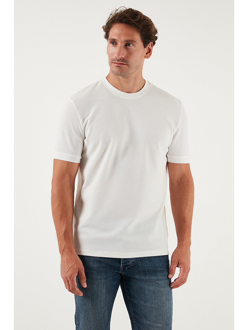 Ekru Streç Pamuklu Slim Fit Sıfır Yaka Tişört 5902639-6