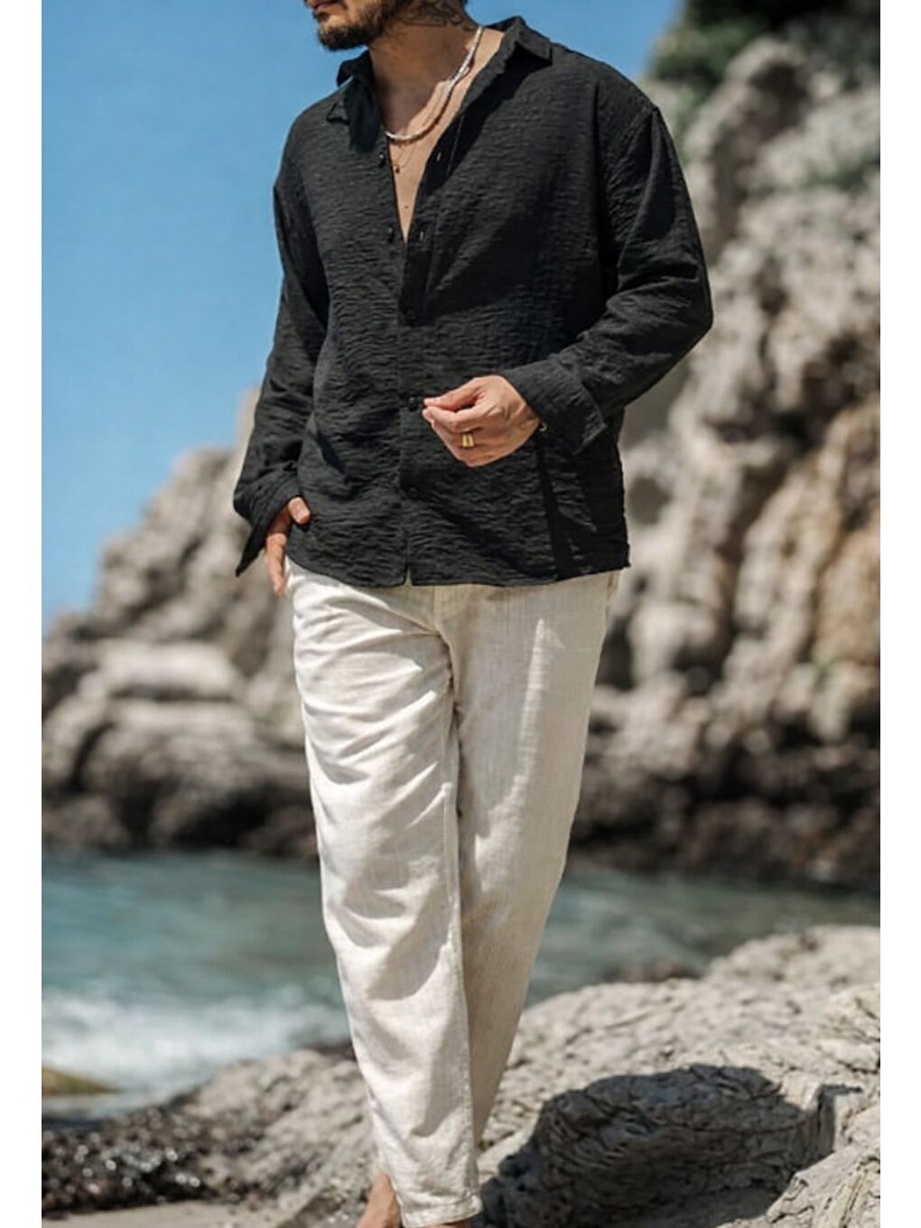 Siyah Erkek Uzun Kollu Gömlek Yaka Keten Oversize Gömlek