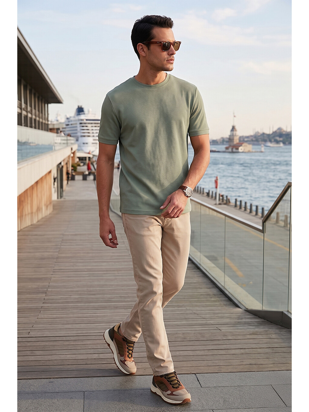 Yeşil Streç Pamuklu Slim Fit Sıfır Yaka Tişört 5902639-2