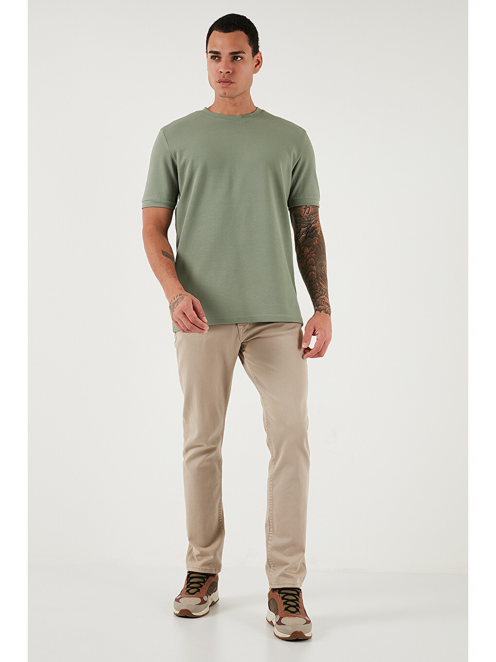 Yeşil Streç Pamuklu Slim Fit Sıfır Yaka Tişört 5902639-3
