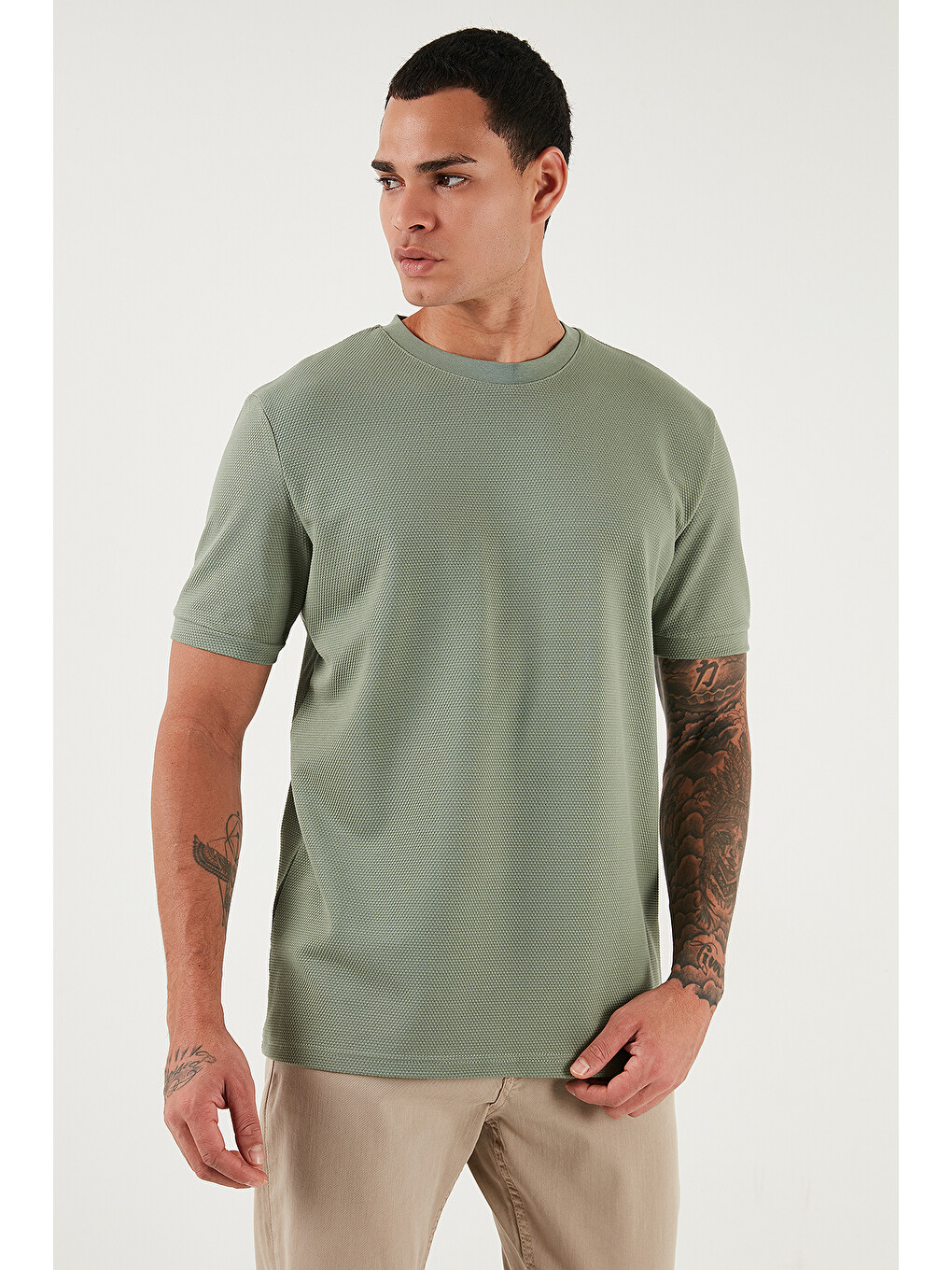 Yeşil Streç Pamuklu Slim Fit Sıfır Yaka Tişört 5902639-4