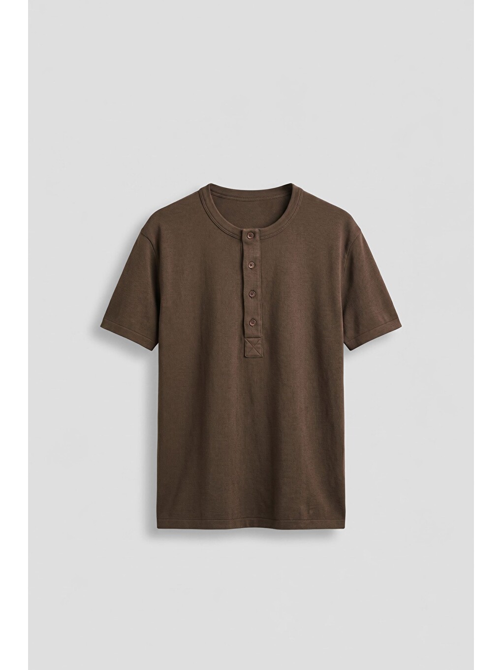 Erkek Relaxed Fit Düğmeli Henley Yaka Basic T-Shirt Kahverengi