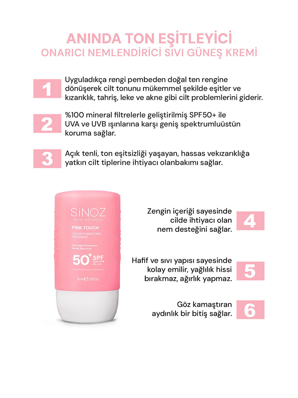 Pink Touch Anında Ton Eşitleyici Leke Karşıtı Spf50+ Pembe Sıvı Yüz Güneş Kremi Pa++++ 50ml-1