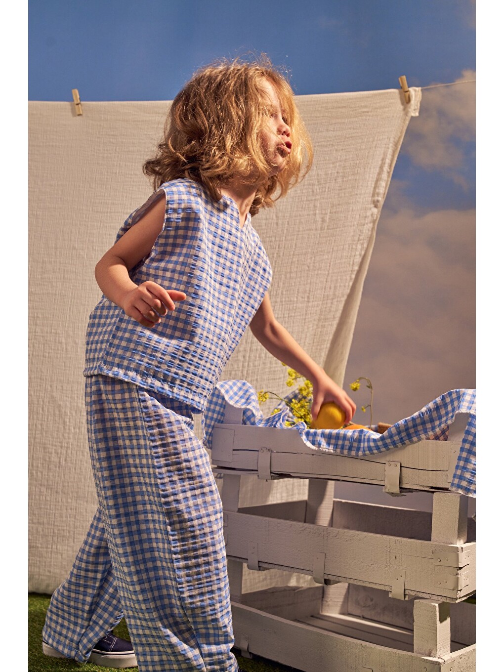 Mavi Daisy Picnic Serisi Balon Pantolonlu İkili Takim-1