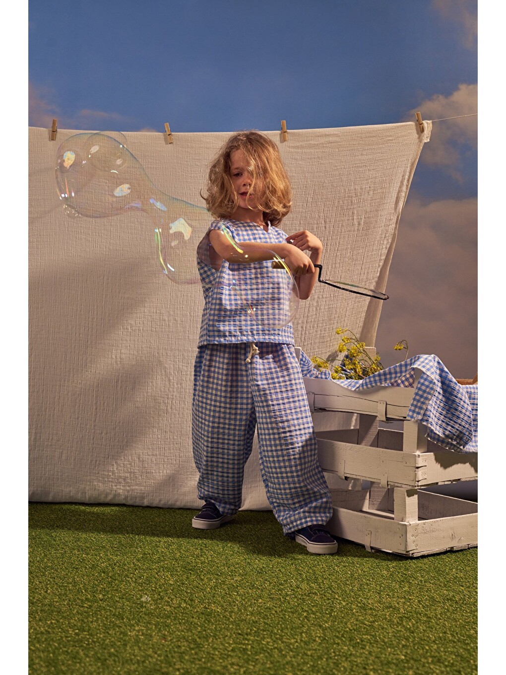 Mavi Daisy Picnic Serisi Balon Pantolonlu İkili Takim-4