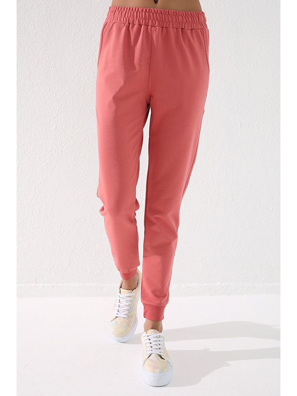 Pembe Pudra Yüksek Bel Jogger Rahat Form Manşetli Kadın Eşofman Alt - 94561-1