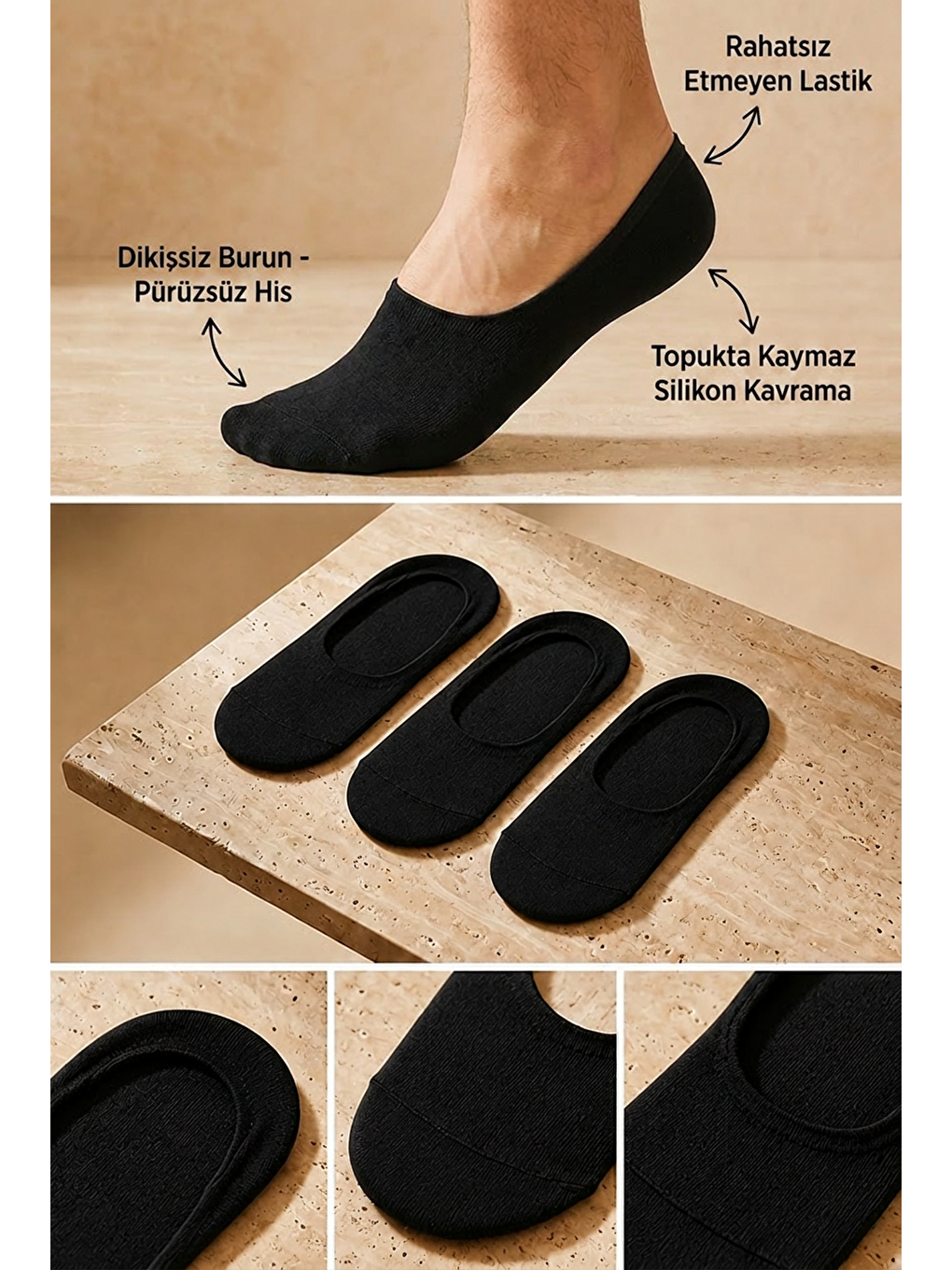 3'lü Paket Basic Erkek Görünmez Babet Çorap Siyah/siyah/siyah-3