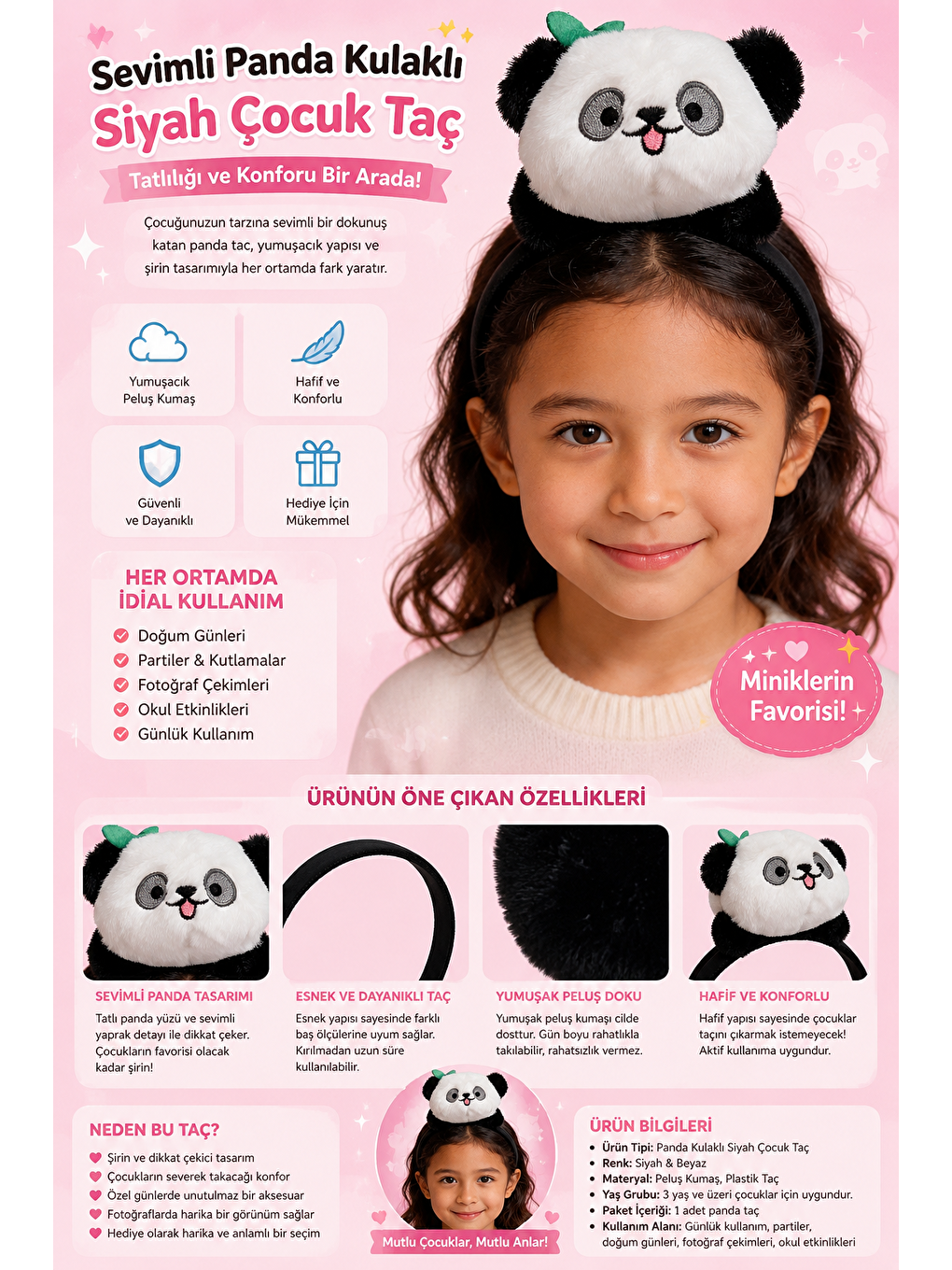 Sevimli Panda Kulaklı Siyah Çocuk Taç-4