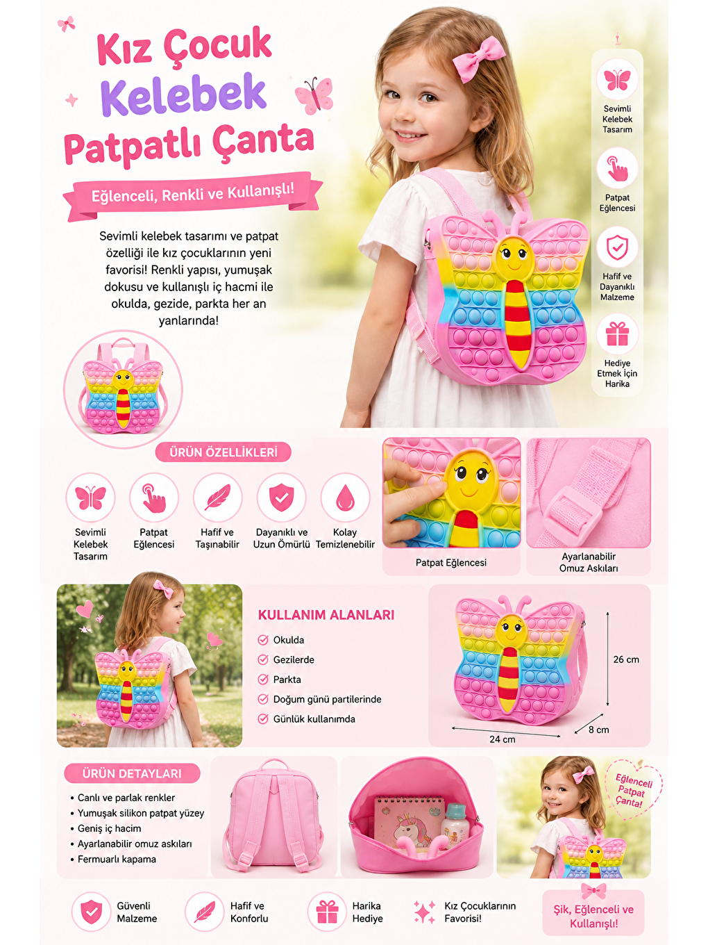 Kız Çocuk Kelebek Patpatlı Çanta Pembe-1