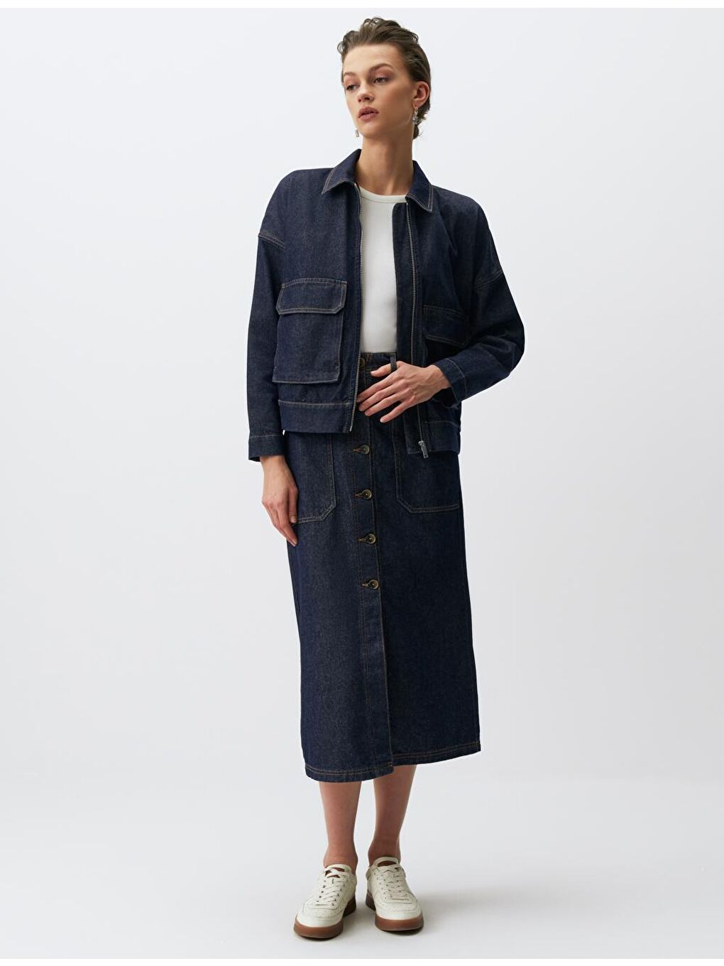 Koyu İndigo Mavi Normal Bel Cepli Jean Maxi Etek