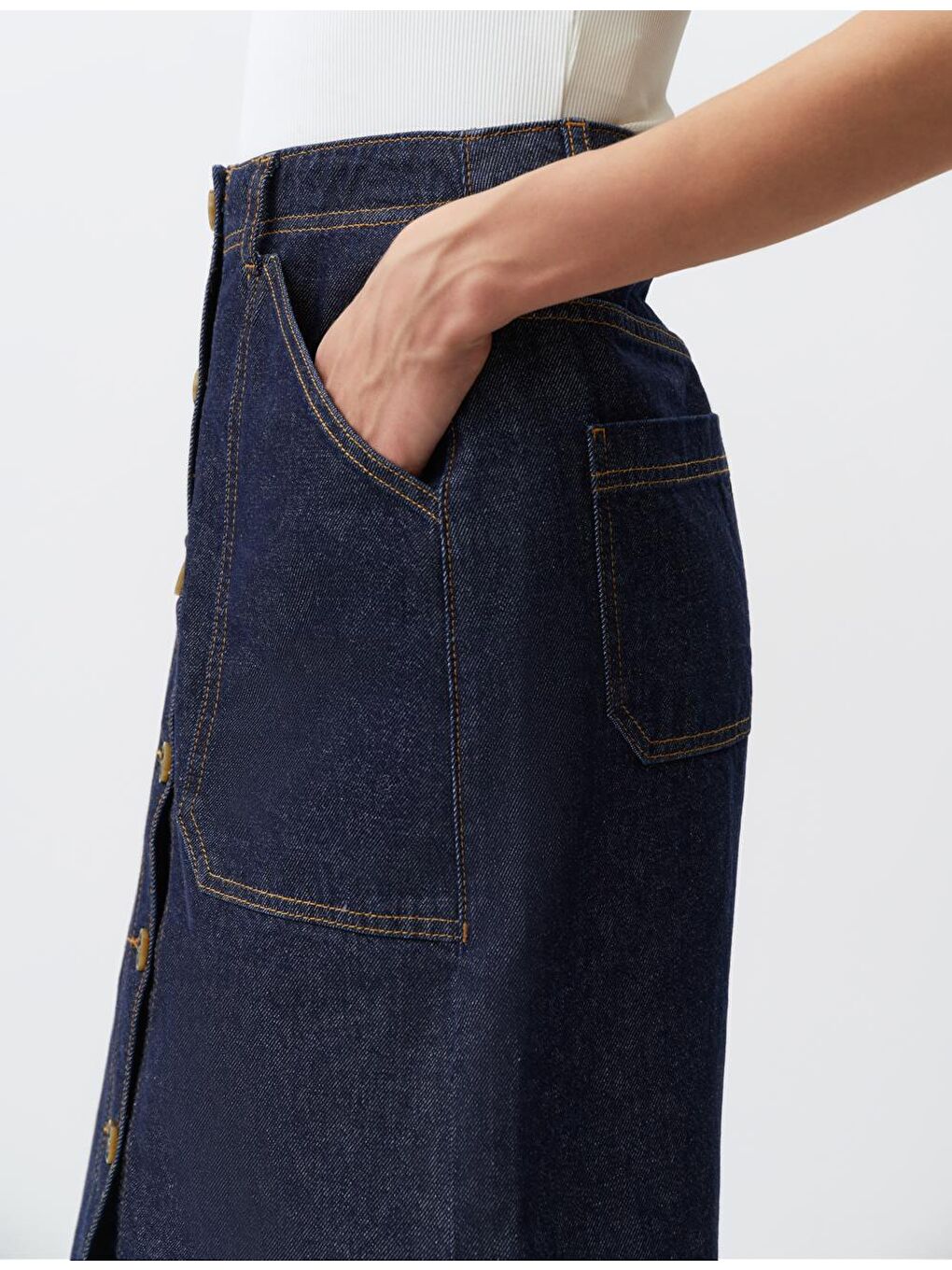 Koyu İndigo Mavi Normal Bel Cepli Jean Maxi Etek-1