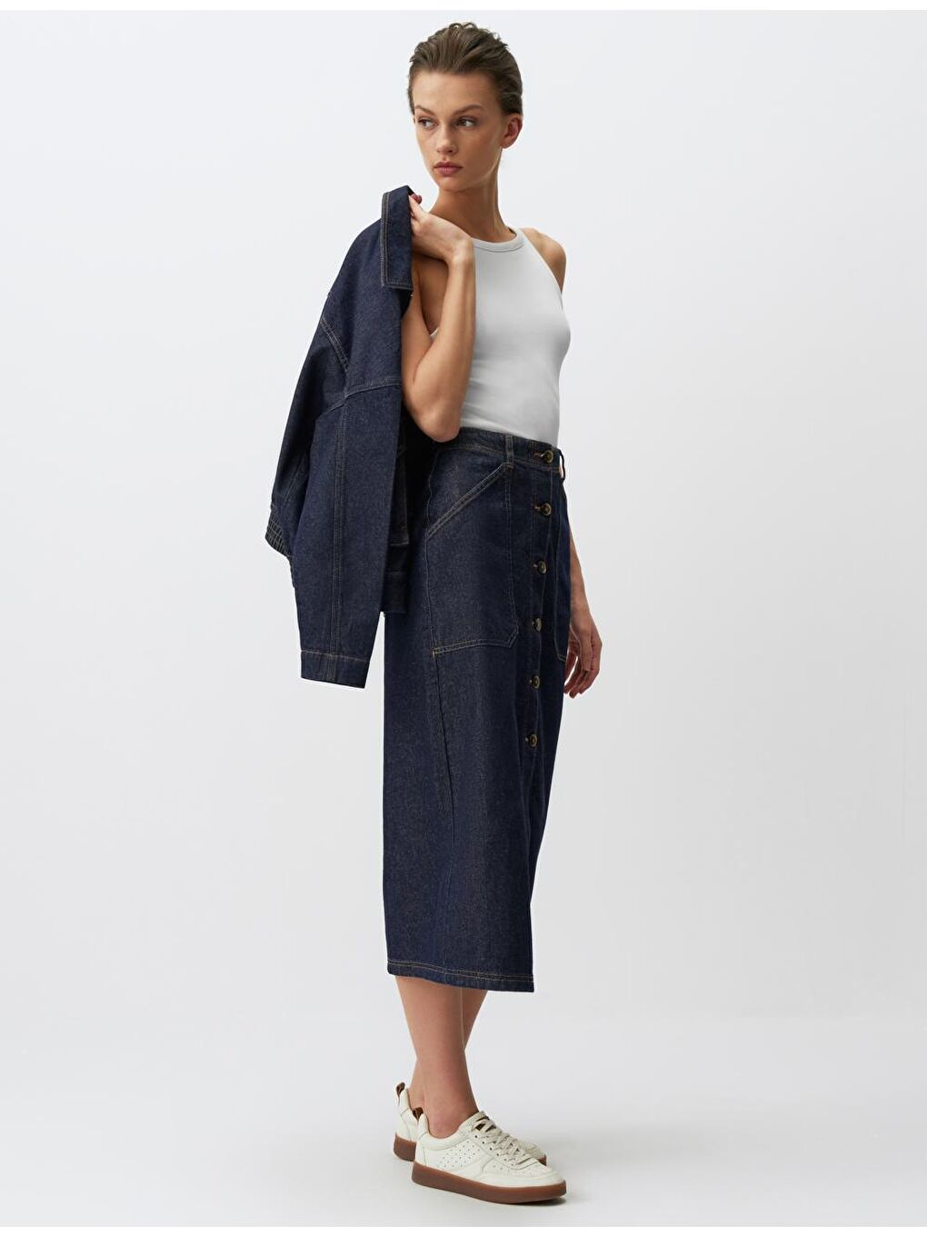 Koyu İndigo Mavi Normal Bel Cepli Jean Maxi Etek-3