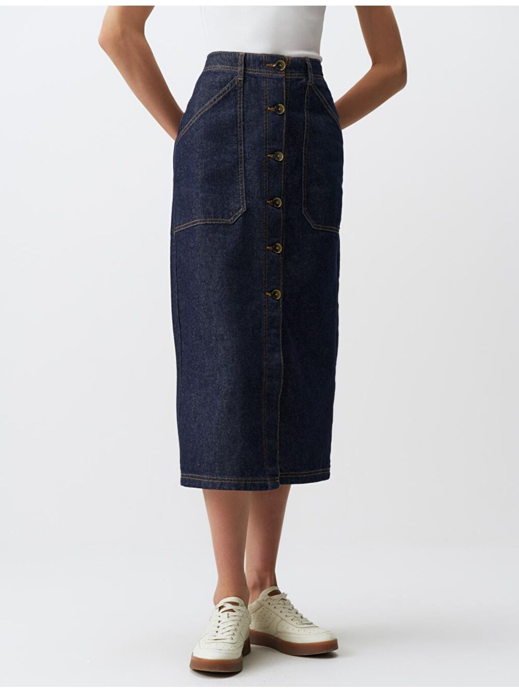 Koyu İndigo Mavi Normal Bel Cepli Jean Maxi Etek-4