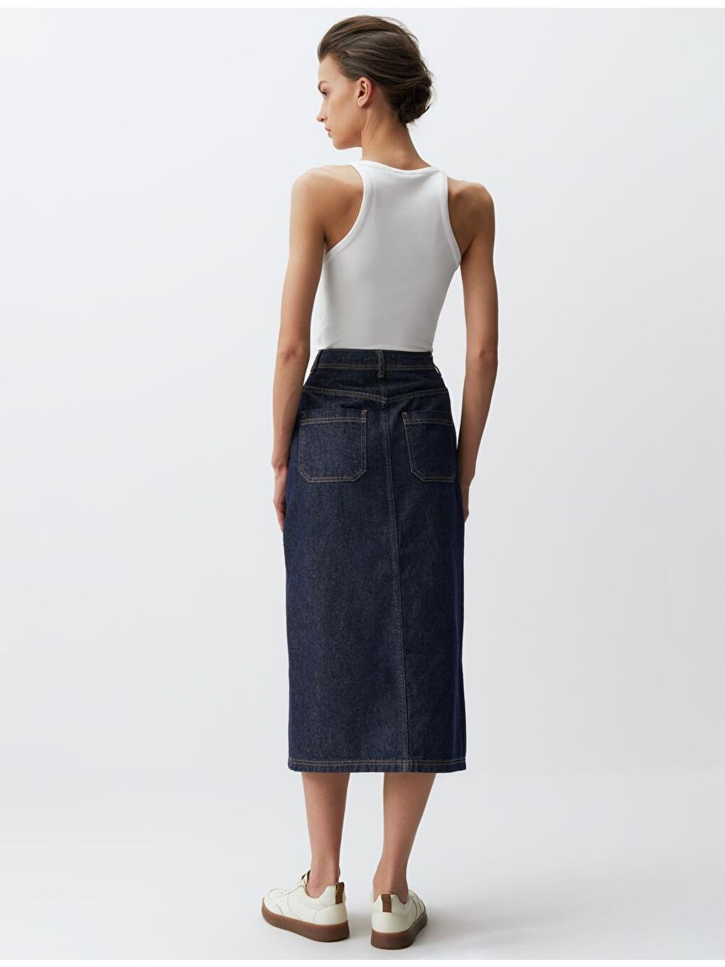 Koyu İndigo Mavi Normal Bel Cepli Jean Maxi Etek-5