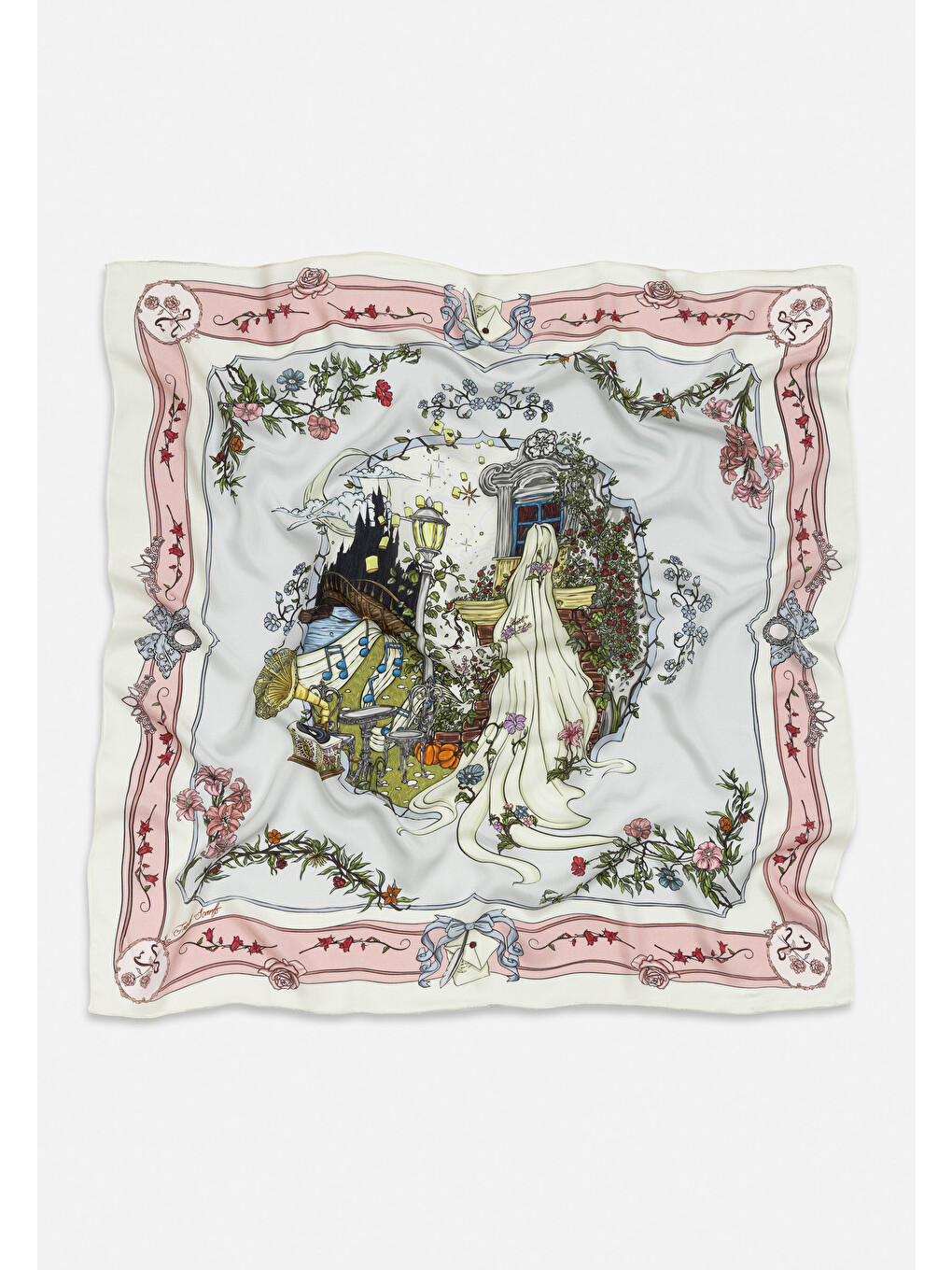 Beyaz Enchanted Melody Desen Floş Viskon Eşarp Pastel Dream-1