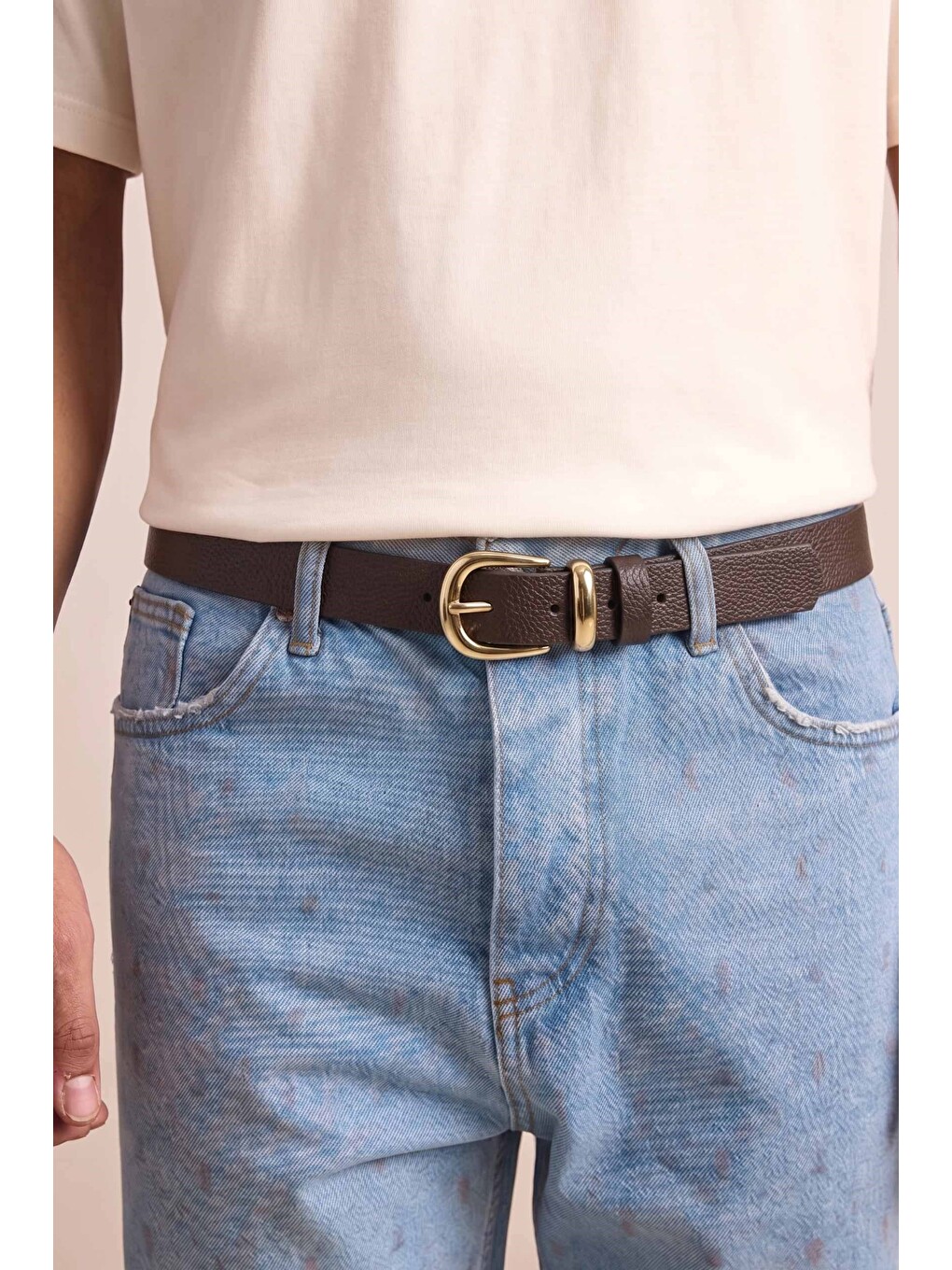 Kahverengi Erkek Modern İnce Gold Tokalı Casual Kemer Koyu Kahve-1