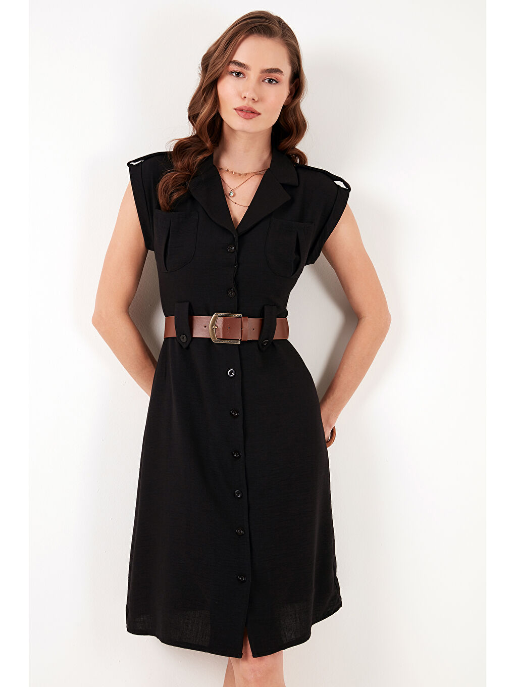 Siyah Regular Fit Kemerli V Yaka Kadın Elbise 611EL364-2