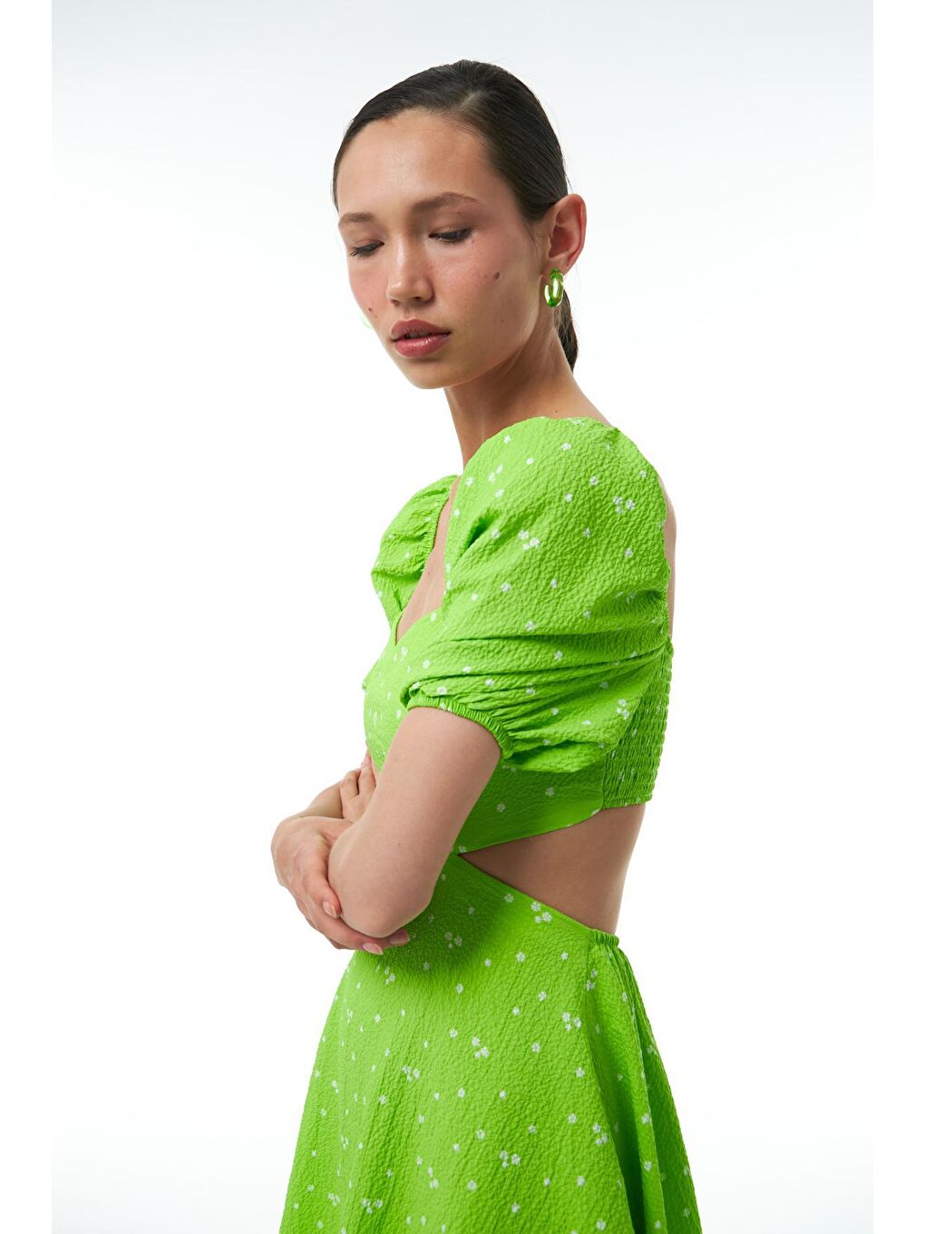 Dekolteli Balon Kol Elbise Yeşil-5