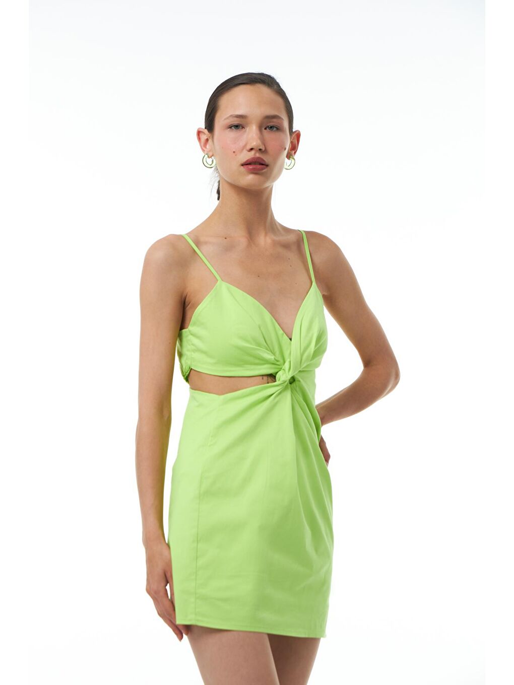 Dekolteli Askılı Mini Elbise Neon Yeşil-5