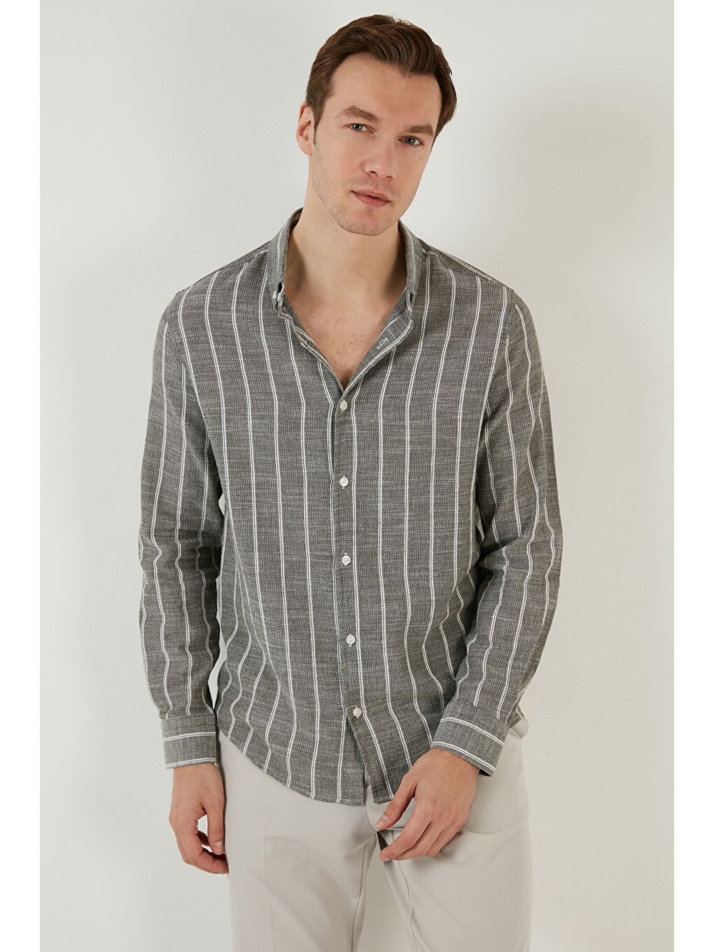 Yeşil Pamuklu Çizgili Regular Fit Düğmeli Yaka Gömlek Cf21s112480-6