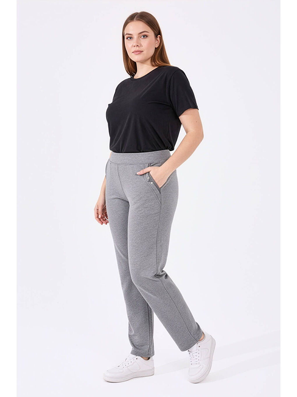 Gri Melanj Cepli Rahat Form Klasik Paça Kadın Büyük Beden Eşofman Alt - 94014