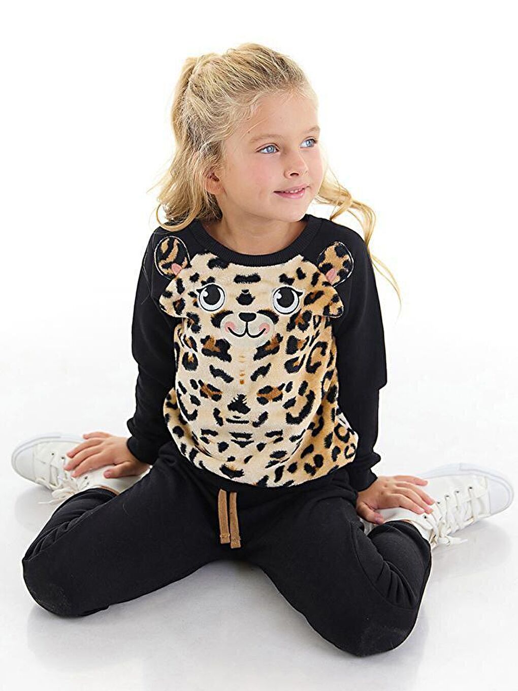 Denokids Siyah Peluş Leopar Kız Çocuk Eşofman Altı Takım