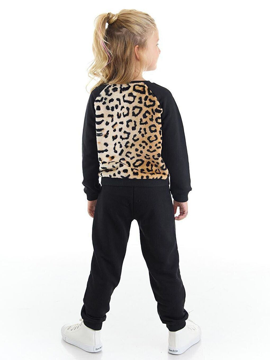 Denokids Siyah Peluş Leopar Kız Çocuk Eşofman Altı Takım - 1