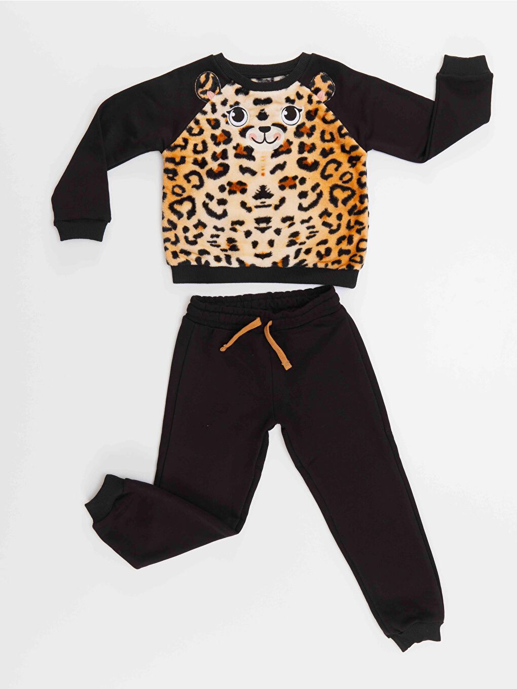 Denokids Siyah Peluş Leopar Kız Çocuk Eşofman Altı Takım - 2