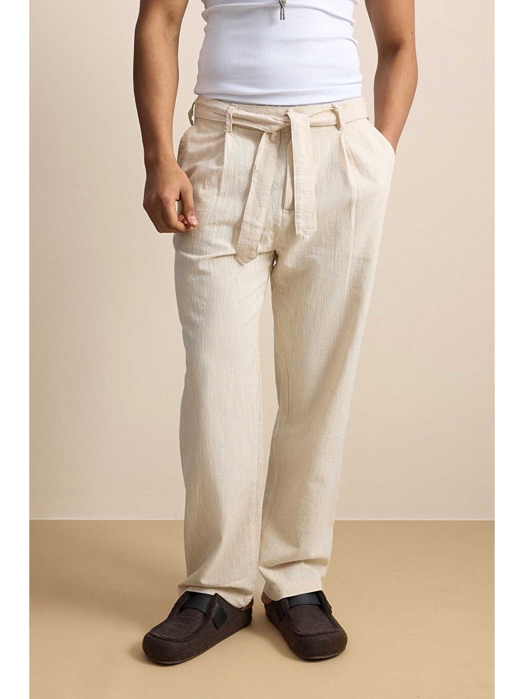 Erkek Baggy Kuşaklı Beli Lastikli Pamuklu Pantolon Bej-2