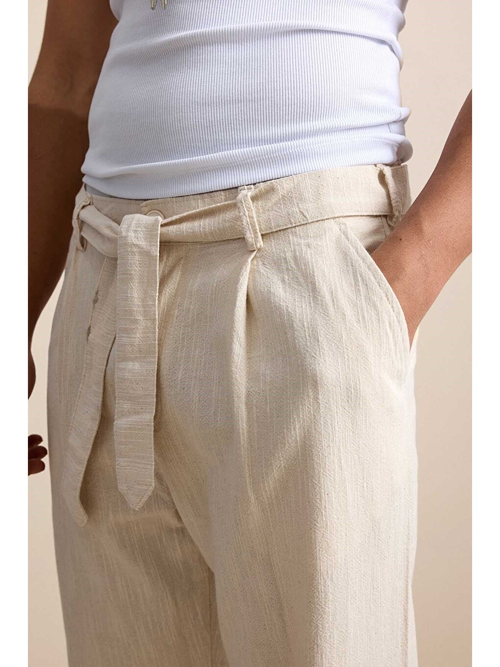 Erkek Baggy Kuşaklı Beli Lastikli Pamuklu Pantolon Bej-3