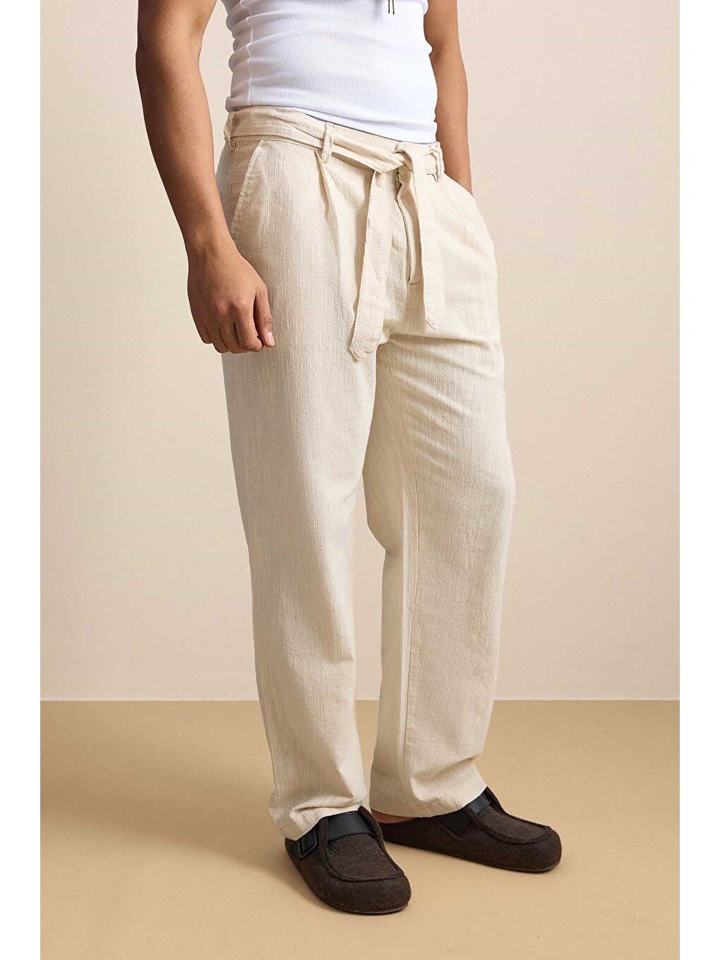 Erkek Baggy Kuşaklı Beli Lastikli Pamuklu Pantolon Bej-4