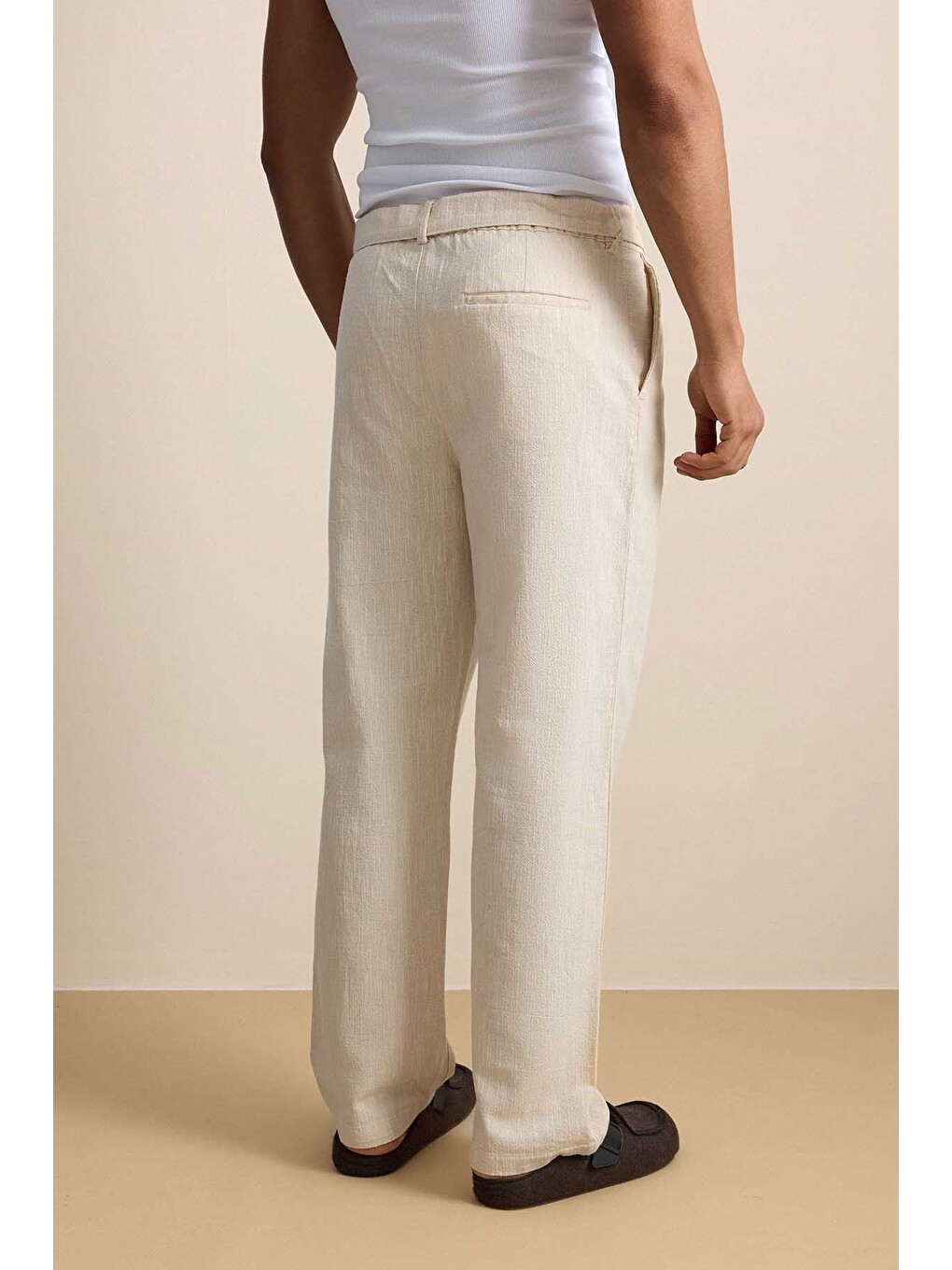 Erkek Baggy Kuşaklı Beli Lastikli Pamuklu Pantolon Bej-6