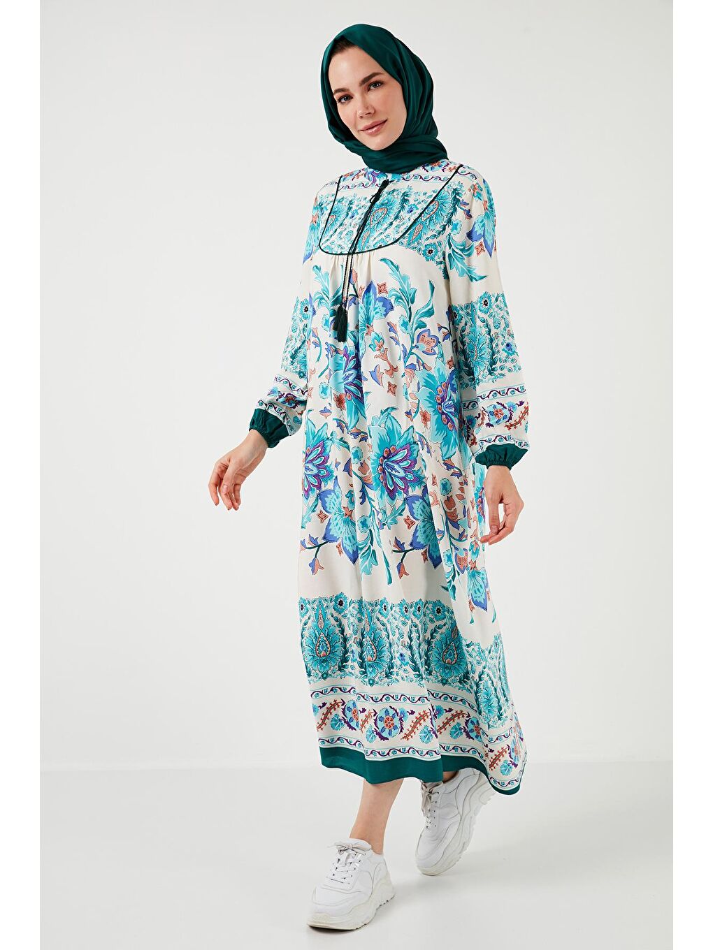 Lela Yeşil Desenli Regular Fit Bağlamalı V Yaka Maxi Elbise 611El510 - 5