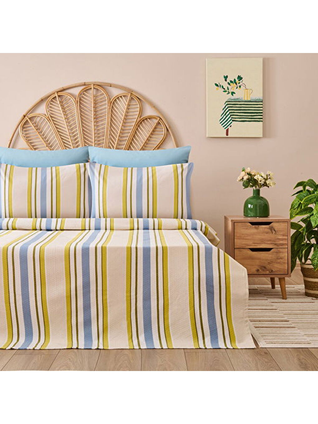 Evidea Soft Verano Çift Kişilik Pike Takımı - Bej / Yeşil